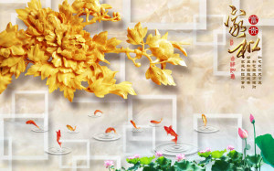 Decal dán tường Tranh 3D cữu ngư và hoa mẫu đơn