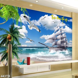 Decal dán tường Tranh 3D thuận buồm xuôi gió bên bờ biển cát vàng khổ lớn dán phòng khách đẹp TPHCM Decal dán tường Tranh 3D thuận buồm xuôi gió bên bờ biển cát vàng khổ lớn dán phòng khách đẹp TPHCM