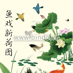 Decal dán tường Tranh cữu ngư hoa sen và đôi chim