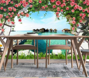 Decal dán tường Tranh 3d biển và giàn hoa hồng Decal dán tường Tranh 3d biển và giàn hoa hồng