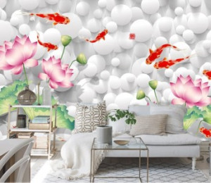 Decal dán tường Tranh dán tường 3d hoa sen hồng và đàn cá chép bơi