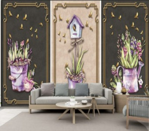 Decal dán tường Tranh bình hoa 3 châu hoa tím Decal dán tường Tranh bình hoa 3 châu hoa tím