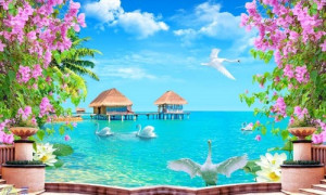 Decal dán tường Tranh cảnh biển hoa tím và đàn thiên nga Decal dán tường Tranh cảnh biển hoa tím và đàn thiên nga