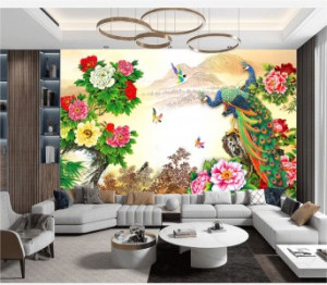 Decal dán tường Tranh con công đuôi tím và hoa mẫu đơn Decal dán tường Tranh con công đuôi tím và hoa mẫu đơn