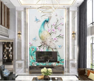 Decal dán tường Tranh con công đuôi xanh và cành hoa tím Decal dán tường Tranh con công đuôi xanh và cành hoa tím