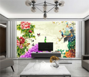 Decal dán tường Tranh con công tím và hoa mẫu đơn vàng Decal dán tường Tranh con công tím và hoa mẫu đơn vàng