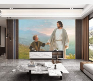 Decal dán tường Tranh công giáo 2 - Chúa Jesus mỉm cười dắt tay một em nhỏ đi trên đồng cỏ xanh
