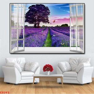 Decal dán tường Tranh cửa sổ bầu trời và hoa tím Decal dán tường Tranh cửa sổ bầu trời và hoa tím