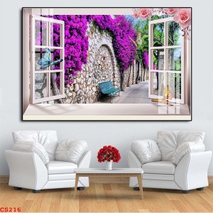 Decal dán tường Tranh cửa sổ hoa tím leo tường đá Decal dán tường Tranh cửa sổ hoa tím leo tường đá