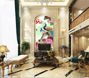 Decal dán tường Tranh đôi công và hoa mẫu đơn tím Decal dán tường Tranh đôi công và hoa mẫu đơn tím