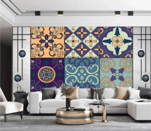 Decal dán tường Tranh gạch bông cổ điển hình vuông xanh đậm tím Decal dán tường Tranh gạch bông cổ điển hình vuông xanh đậm tím