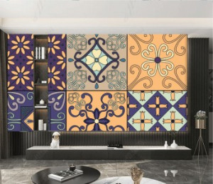 Decal dán tường Tranh gạch bông gạch tím xanh hoa cam nhạt Decal dán tường Tranh gạch bông gạch tím xanh hoa cam nhạt