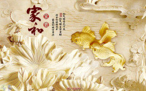 Decal dán tường Tranh dán tường giả ngọc đôi cá chép  vàng và hoa sen 