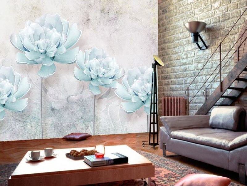 Decal dán tường Tranh dán tường hoa hồng xanh 3D