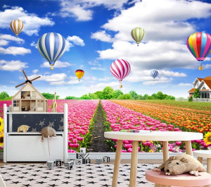 Decal dán tường Tranh phong cảnh cánh đồng hoa tulip hồng bên ngôi nhà nhỏ Decal dán tường Tranh phong cảnh cánh đồng hoa tulip hồng bên ngôi nhà nhỏ