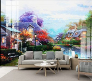 Decal dán tường Tranh phong cảnh châu âu căn nhà màu tím bên dòng sông Decal dán tường Tranh phong cảnh châu âu căn nhà màu tím bên dòng sông