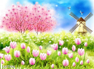Decal dán tường Tranh phong cảnh cối xay gió và hoa hồng Decal dán tường Tranh phong cảnh cối xay gió và hoa hồng
