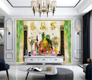 Decal dán tường Tranh đôi trúc mâm trái cây và chữ phúc lộc thọ Decal dán tường Tranh đôi trúc mâm trái cây và chữ phúc lộc thọ
