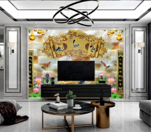 Decal dán tường Tranh hoa sen hồng và bức trướng phúc lộc thọ Decal dán tường Tranh hoa sen hồng và bức trướng phúc lộc thọ