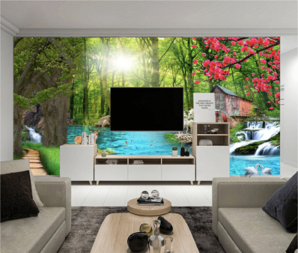 Decal dán tường Tranh thủy mặc ,sơn thủy cá chép và cành đào đỏ Decal dán tường Tranh thủy mặc ,sơn thủy cá chép và cành đào đỏ