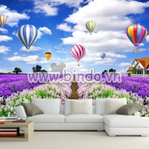 Decal dán tường Tranh cánh đồng hoa lavender tím ngôi nhà và kinh khí cầu khổ lớn dán tường Decal dán tường Tranh cánh đồng hoa lavender tím ngôi nhà và kinh khí cầu khổ lớn dán tường