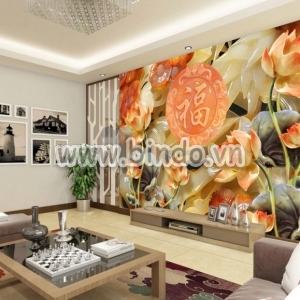 Decal dán tường Tranh hoa mẫu đơn màu cam, chữ phúc giả ngọc khổ lớn dán tường Decal dán tường Tranh hoa mẫu đơn màu cam, chữ phúc giả ngọc khổ lớn dán tường