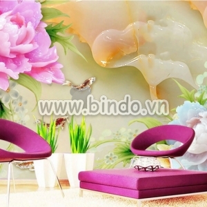 Decal dán tường Tranh hoa mẫu đơn hồng và trắng to nền hoa sen ngọc bích 3D Decal dán tường Tranh hoa mẫu đơn hồng và trắng to nền hoa sen ngọc bích 3D