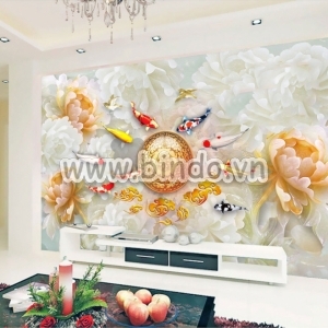 Decal dán tường Tranh 9 cá chép bơi trên nền hoa mẫu đơn giả ngọc 3D Decal dán tường Tranh 9 cá chép bơi trên nền hoa mẫu đơn giả ngọc 3D