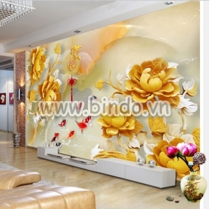 Decal dán tường Tranh hoa mẫu đơn vàng và 9 cá chép trên nền ngọc bích 3D Decal dán tường Tranh hoa mẫu đơn vàng và 9 cá chép trên nền ngọc bích 3D