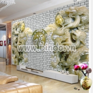 Decal dán tường Tranh chữ phúc màu trắng và đôi rồng giả ngọc xanh trên nền gạch trắng 3D Decal dán tường Tranh chữ phúc màu trắng và đôi rồng giả ngọc xanh trên nền gạch trắng 3D