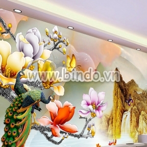 Decal dán tường Tranh đôi chim công tím và hoa mẫu đơn vàng bên đồi núi Decal dán tường Tranh đôi chim công tím và hoa mẫu đơn vàng bên đồi núi