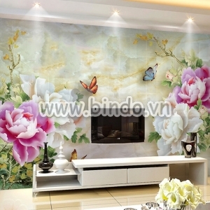 Decal dán tường Tranh hoa mẫu đơn trắng và tím phong cách vintage Decal dán tường Tranh hoa mẫu đơn trắng và tím phong cách vintage