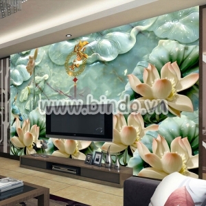 Decal dán tường Tranh hoa mẫu đơn nâu vàng trên nền hoa sen 3D xanh ngọc bích 3D Decal dán tường Tranh hoa mẫu đơn nâu vàng trên nền hoa sen 3D xanh ngọc bích 3D