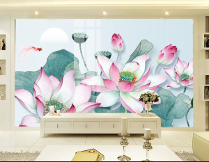 Decal dán tường Tranh hoa sen sơn dầu dán tường trang trí đẹp 3 hoa sen hồng và cá vàng