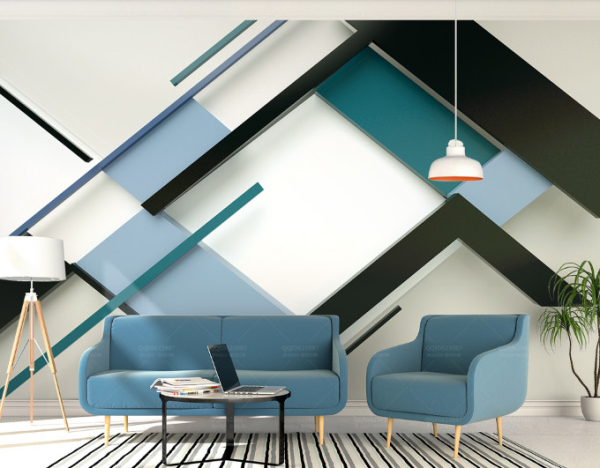 Decal dán tường Tranh hoạ tiết sọc xanh trắng đen hiện đại dán tường phòng khách đẹp