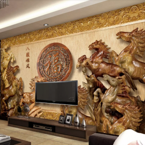 Decal dán tường Tranh mã đáo thành công (8 ngựa) giả gỗ 3D đẹp hợp mệnh thổ dán tường phòng khách, phòng sếp cao cấp