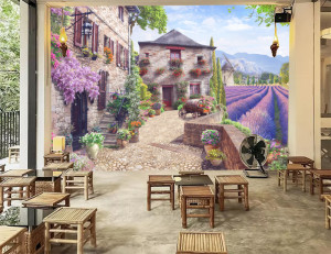 Decal dán tường Tranh phong cảnh châu âu cánh đồng màu tím trang trí quán cafe