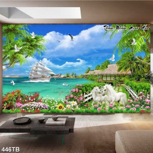 Decal dán tường Tranh thuận buồm xuôi gió in 3D khổ lớn đẹp giá rẻ bên đôi ngựa trắng và vườn hoa