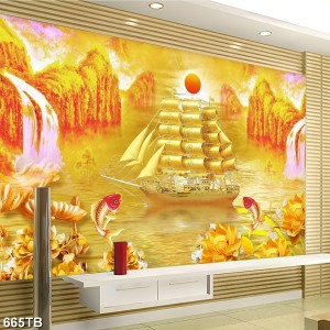 Decal dán tường Tranh thuận buồm xuôi gió vàng ánh kim bên mặt trời đỏ và hoa sen vàng dán tường phòng khách đẹp