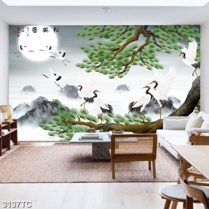 Decal dán tường Tranh thủy mặc đàn chim vui đùa