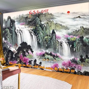 Decal dán tường Tranh thủy mặc thác nước và hoa tím Decal dán tường Tranh thủy mặc thác nước và hoa tím