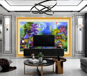 Decal dán tường Tranh vẽ sơn dầu căn nhà màu tím Decal dán tường Tranh vẽ sơn dầu căn nhà màu tím