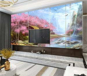 Decal dán tường Tranh vẽ sơn dầu hoa tím và núi Decal dán tường Tranh vẽ sơn dầu hoa tím và núi