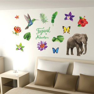 Decal dán tường Decal dán tường động vật rừng nhiệt đới voi chim hoa và bướm, trang trí phòng ngủ, phòng khách, quán, ở TPHCM 0,68 x 0,48 (m) (dài x rộng)
