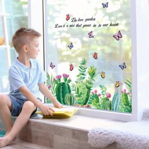 Decal dán tường Decal xương rồng và bướm dán tường kính trang trí quán phòng