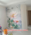Thi công dán tranh hoa sen khổ lớn